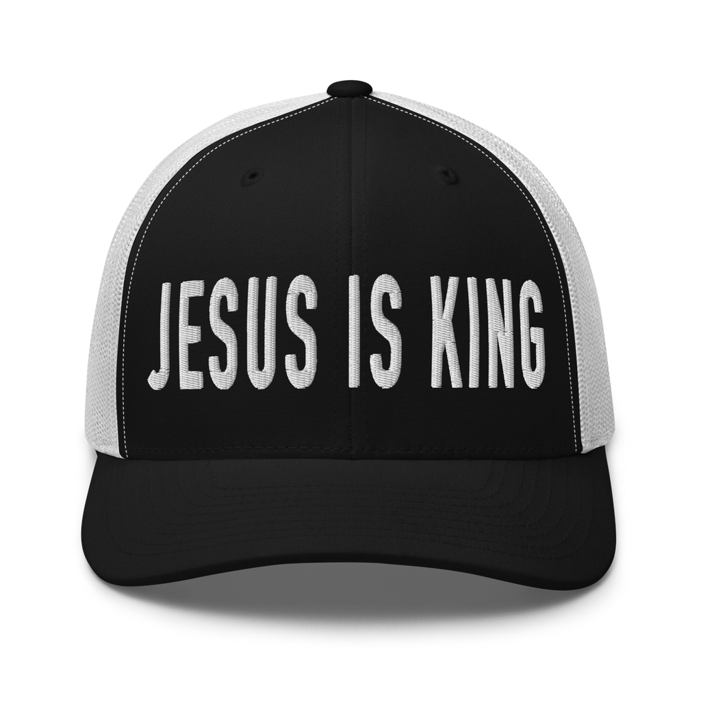 Black and white Christian Hat featuring bold text 'JESUS IS KING' for faith-inspired fashion