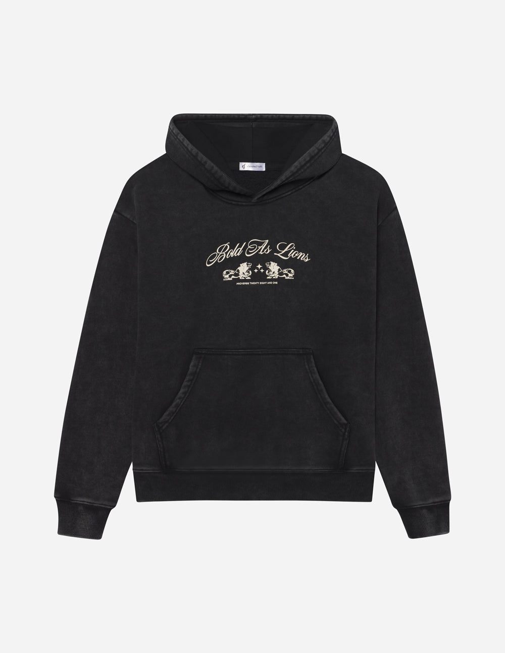 Elevated Faith Christian Hoodie in black with 'Bold As Lions' graphic and front pocket