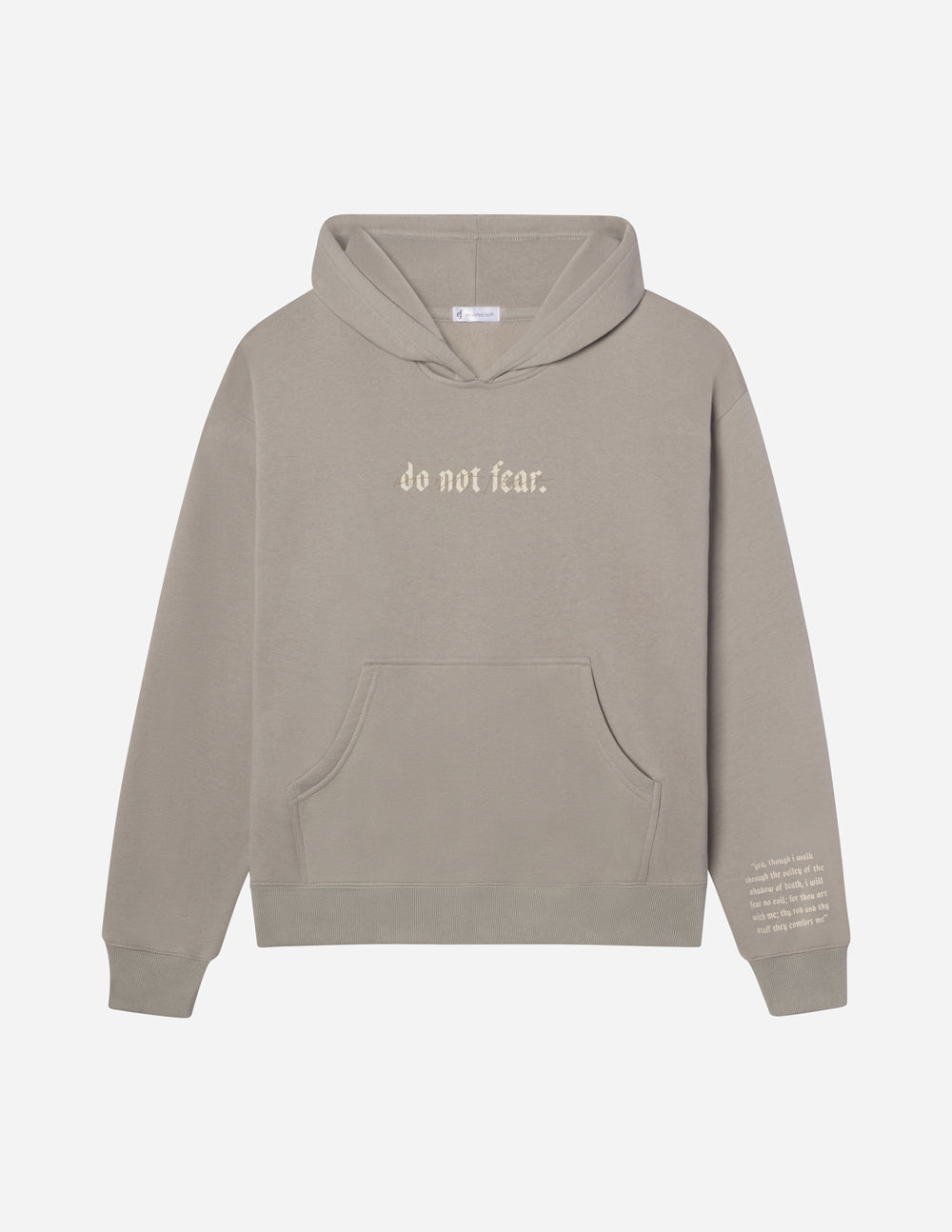 Elevated Faith Christian Hoodie in taupe featuring motivational text 'do not fear' on the front