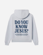 Light Blue Christian Hoodie with the text Do You Know Jesus printed on the back