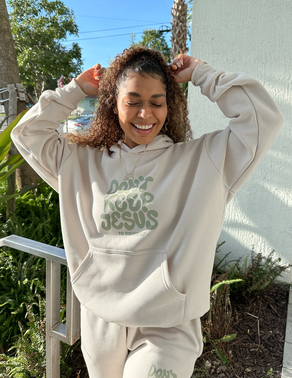 Elevated Faith Christian Hoodie in light beige with 'Don't Keep Jesus To Yourself' design