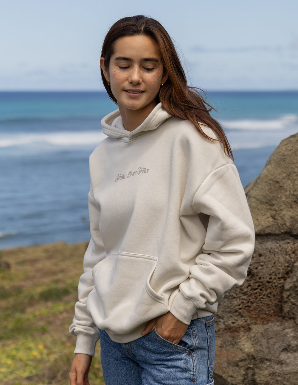 Elevated Faith Cream Christian Hoodie with Front Pocket for Comfortable Everyday Wear