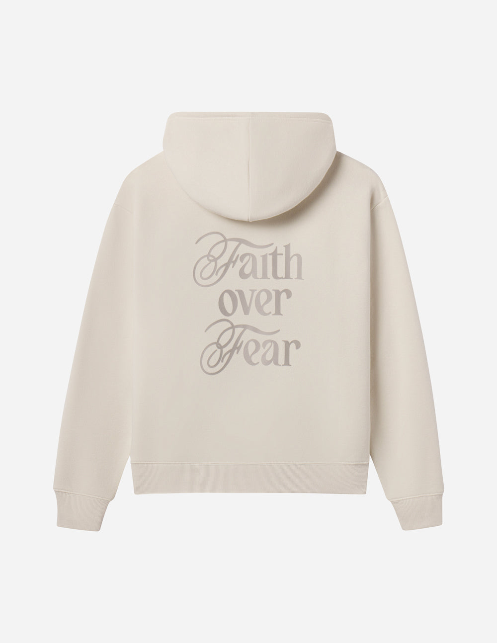Elevated Faith Christian Hoodie in beige with 'Faith over Fear' design on the back