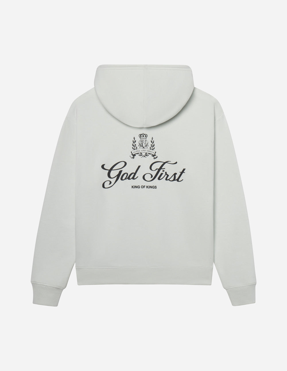 Light gray Christian Hoodie from Elevated Faith featuring 'God First' design on the back