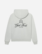 Light gray Christian Hoodie from Elevated Faith featuring 'God First' design on the back