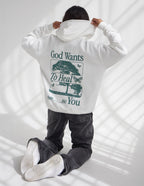 Elevated Faith Christian Hoodie in white with a healing message graphic on the back