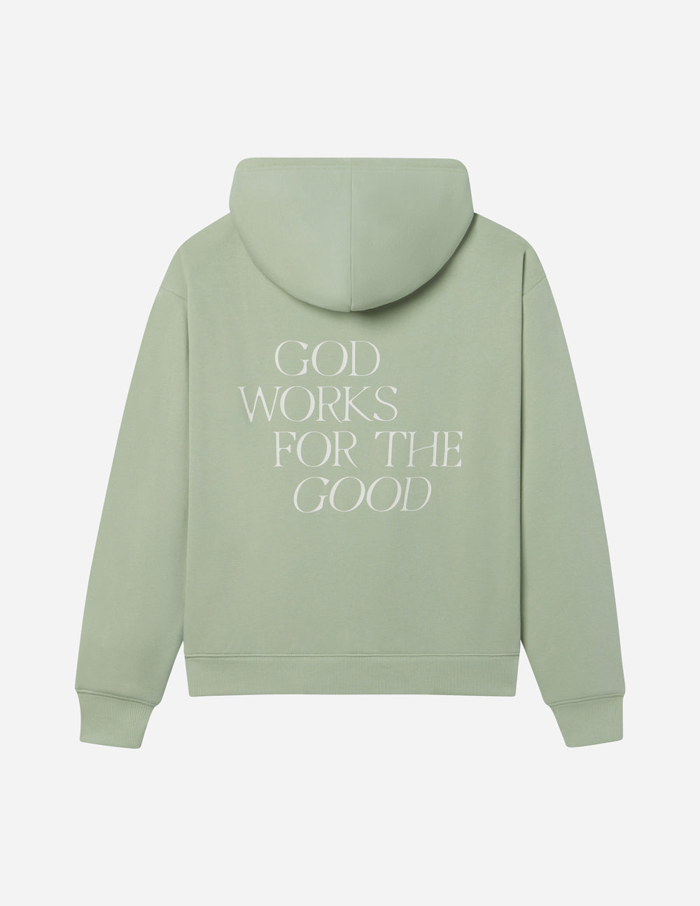 Elevated Faith Christian Hoodie in Soft Green with 'God Works for the Good' Text on Back