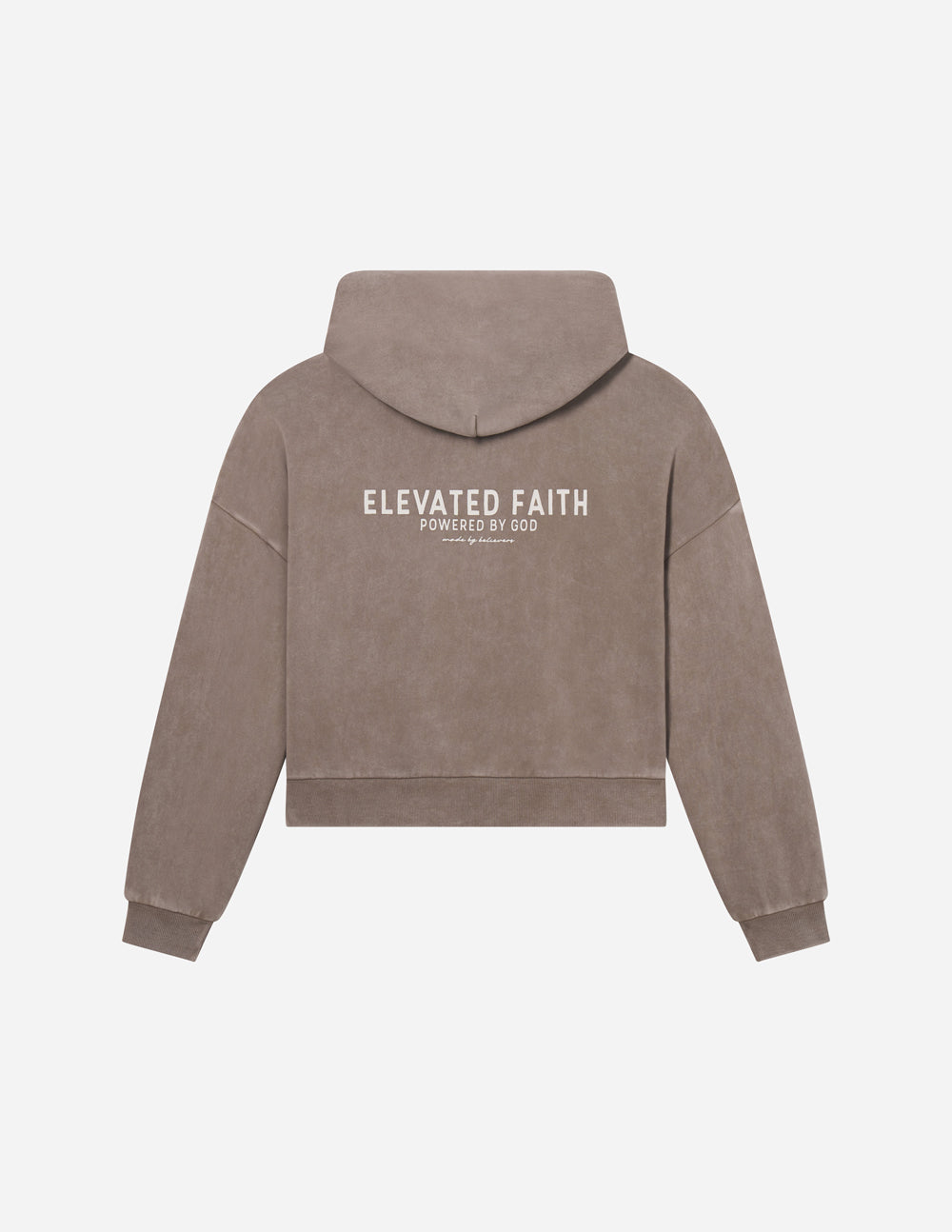 Elevated Faith Christian Hoodie in taupe with a cropped design and inspirational text on the back