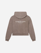 Elevated Faith Christian Hoodie in taupe with a cropped design and inspirational text on the back