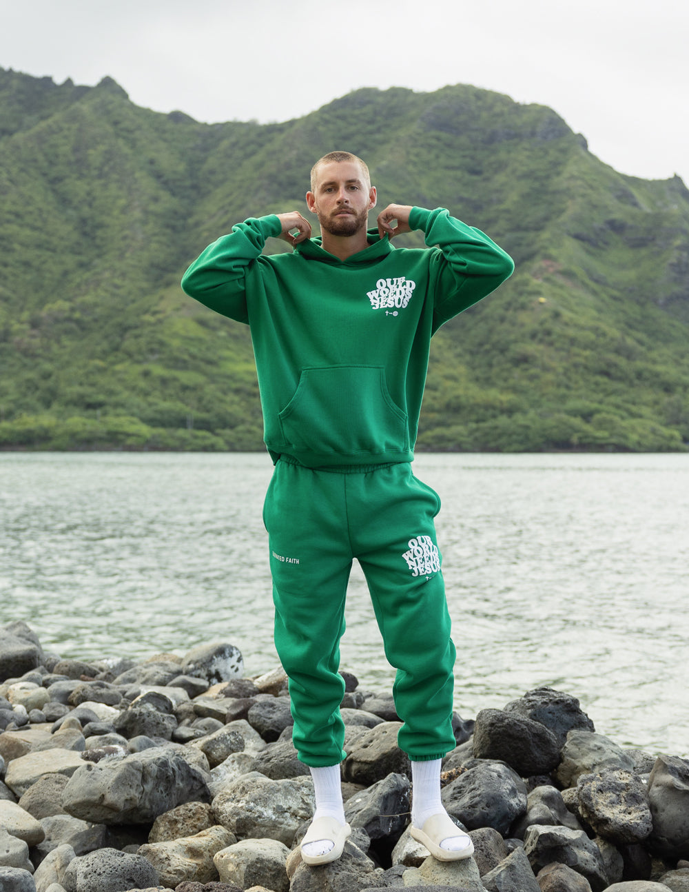 Elevated Faith Green Christian Hoodie with Front Pocket, perfect for casual or religious wear