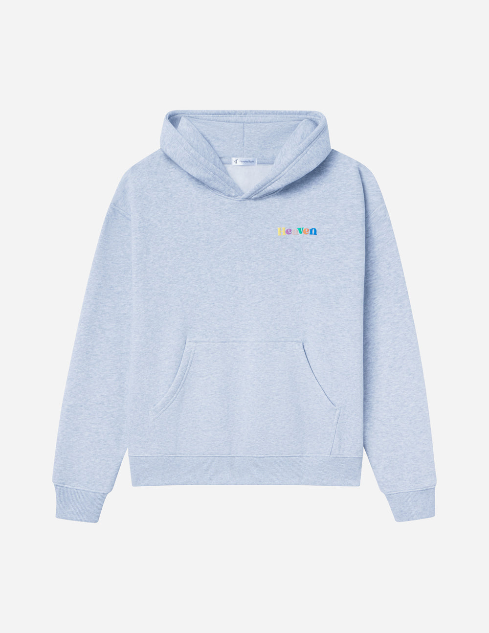 Light blue Christian Hoodie from Elevated Faith with front pocket and colorful 'Heaven' embroidery