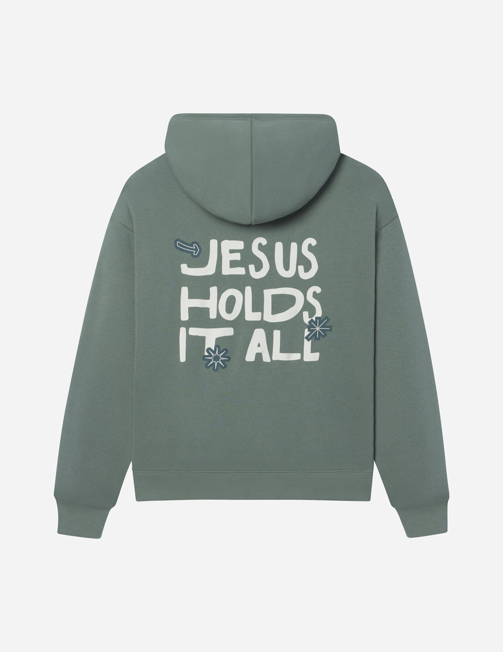 Elevated Faith Christian Hoodie in green with 'Jesus Holds It All' graphic on the back