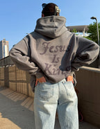 Elevated Faith Christian Hoodie in Gray with 'Jesus Is King' design on the back
