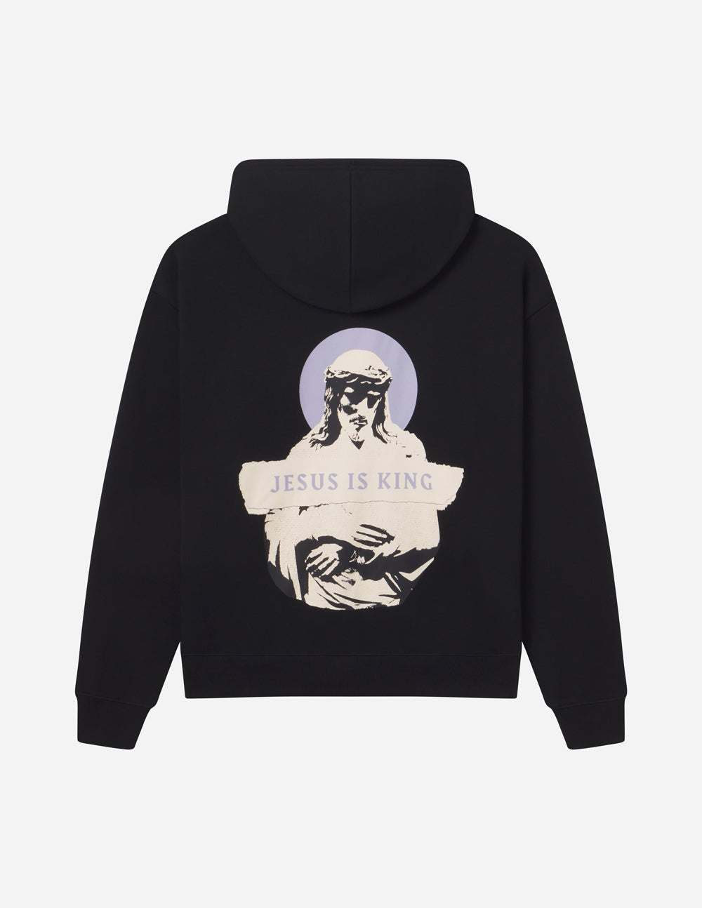 Black Elevated Faith Christian Hoodie featuring 'Jesus is King' graphic on the back