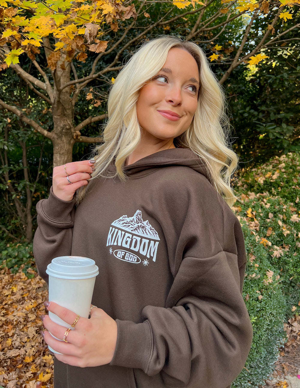Elevated Faith Christian Hoodie in Brown with Kingdom of God Graphic for Comfort and Style