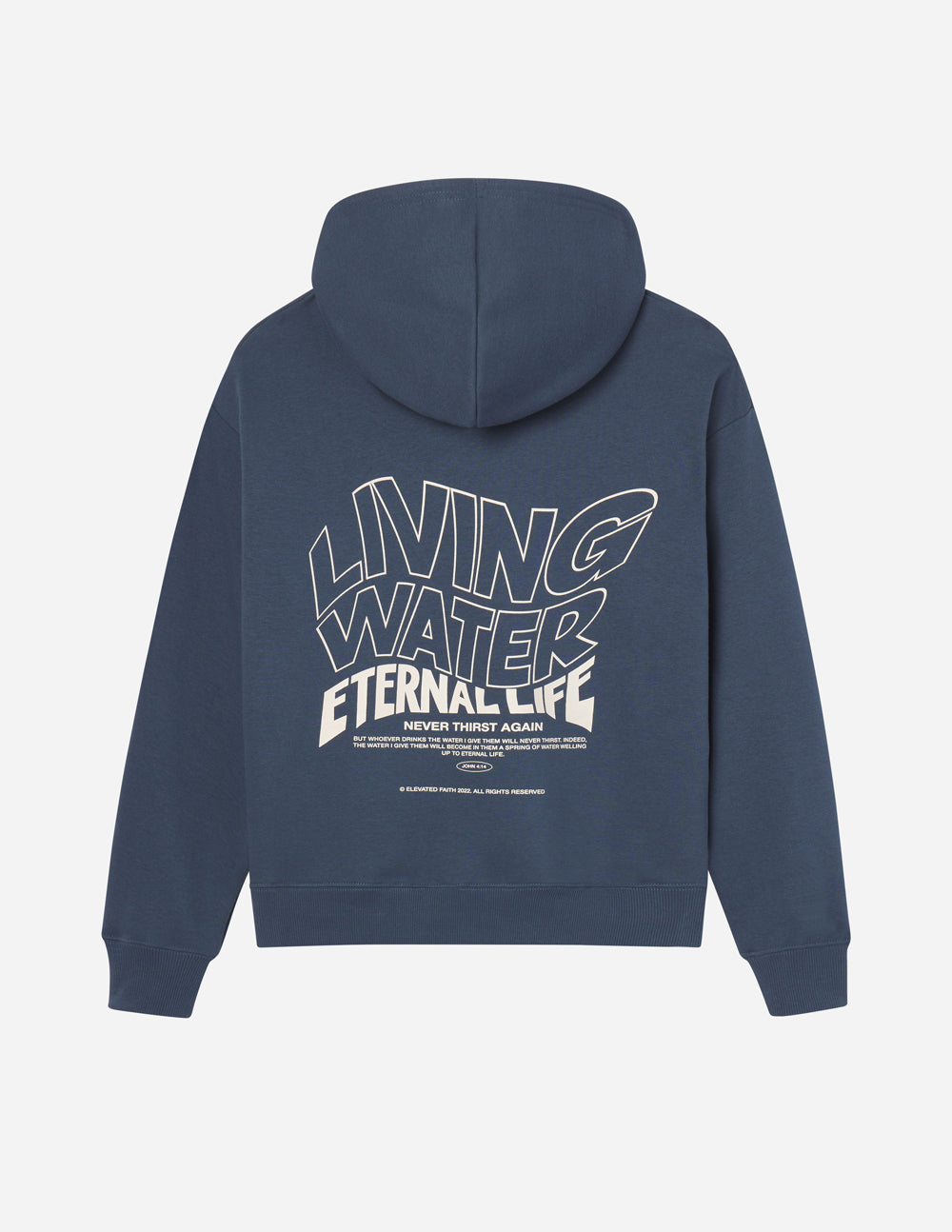 Elevated Faith Christian Hoodie in Navy featuring bold Living Water and Eternal Life print on the back