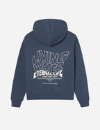 Elevated Faith Christian Hoodie in Navy featuring bold Living Water and Eternal Life print on the back