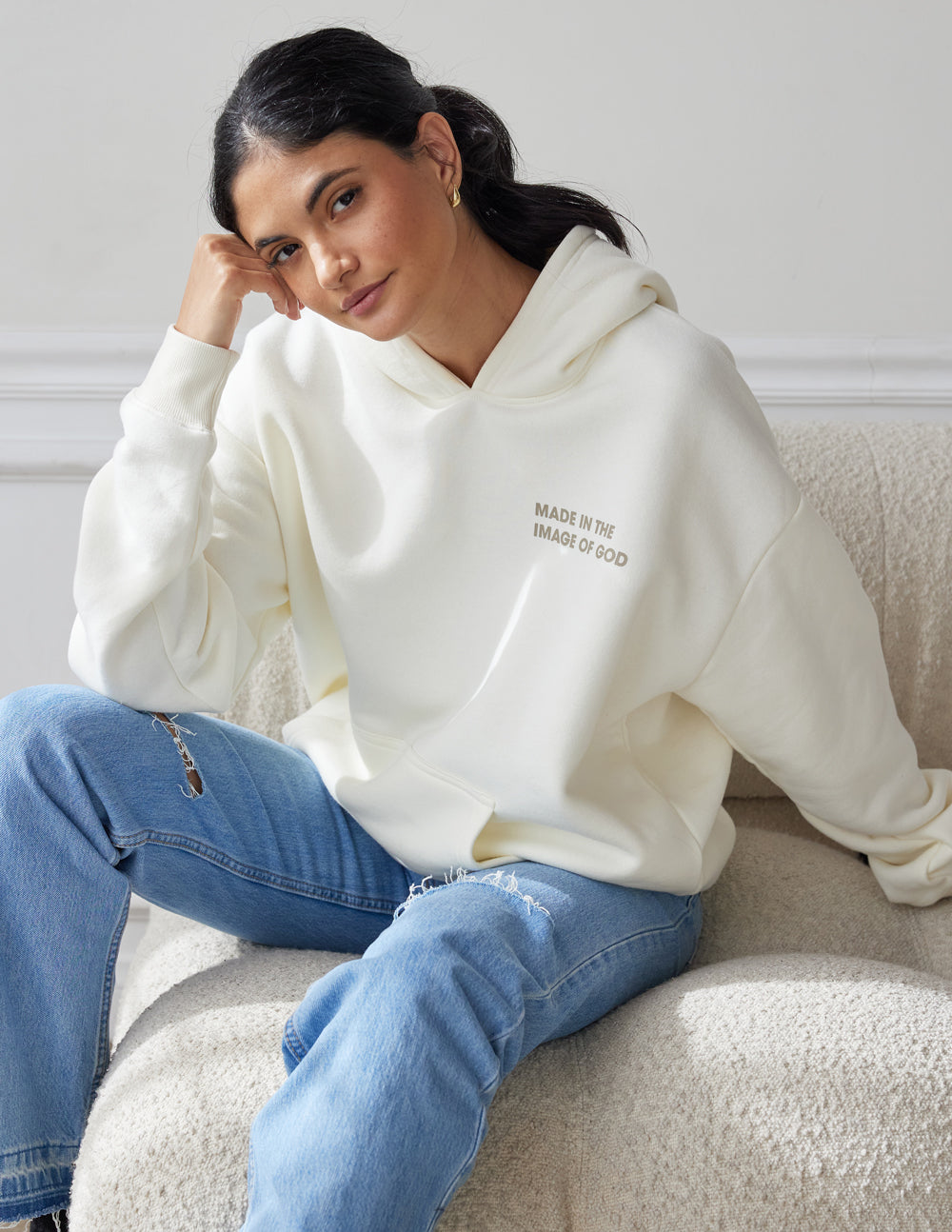 Elevated Faith Christian Hoodie in cream featuring 'Made in the Image of God' embroidery