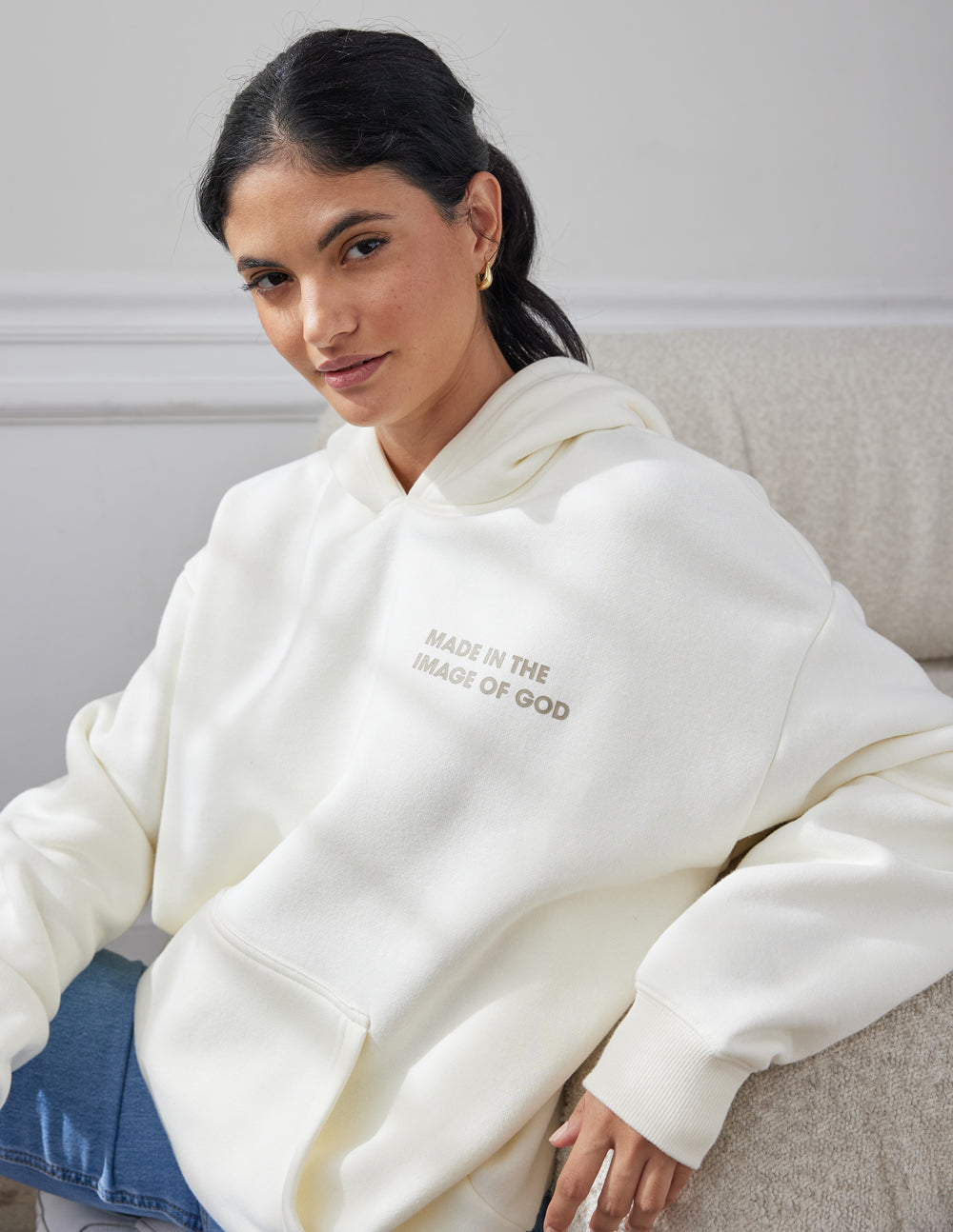Elevated Faith Christian Hoodie in White with 'Made in the Image of God' Text Design