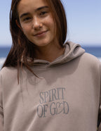 Elevated Faith Christian Hoodie in light brown with 'Spirit of God' graphic design