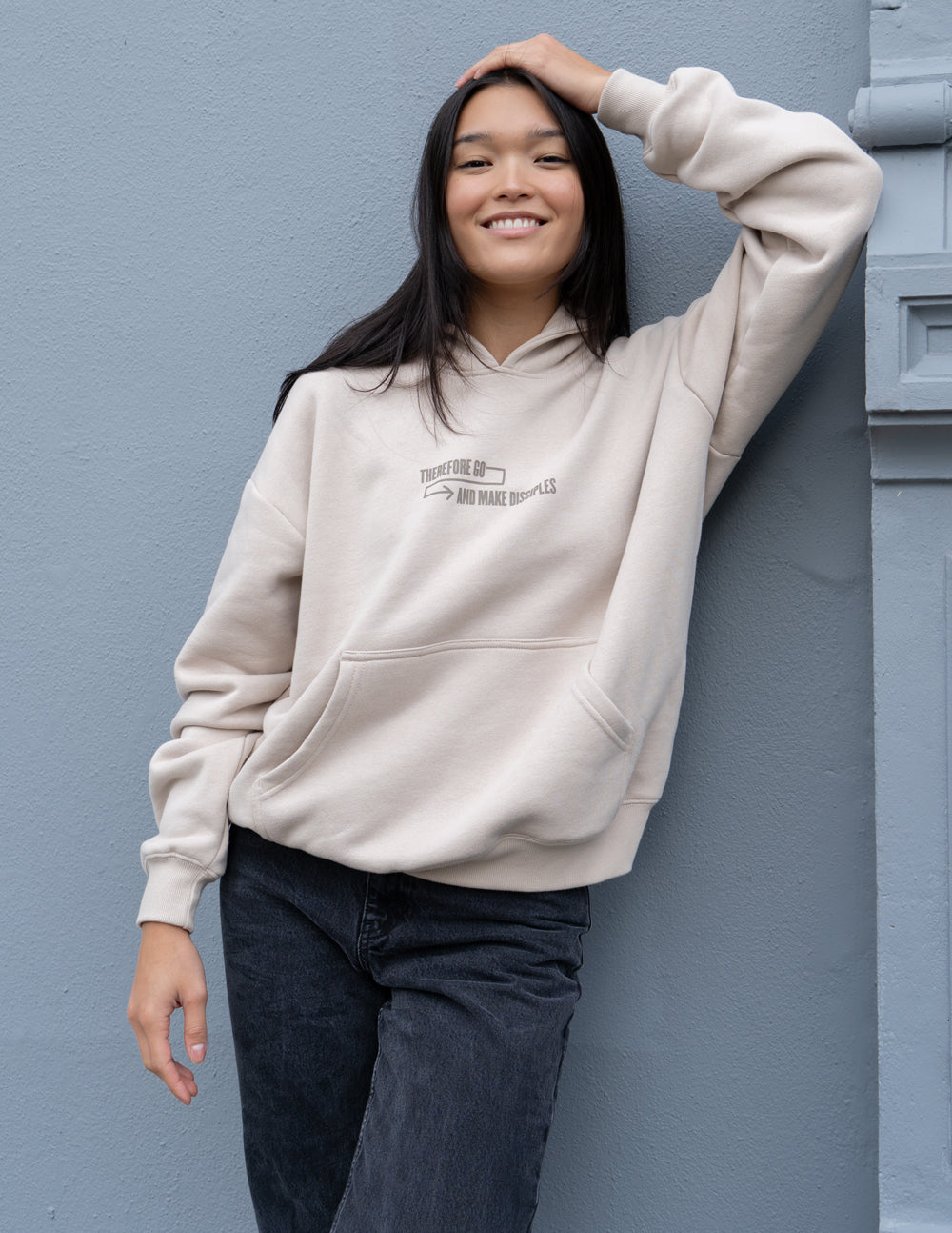 Elevated Faith Christian Hoodie in light beige with a relaxed fit and front pocket