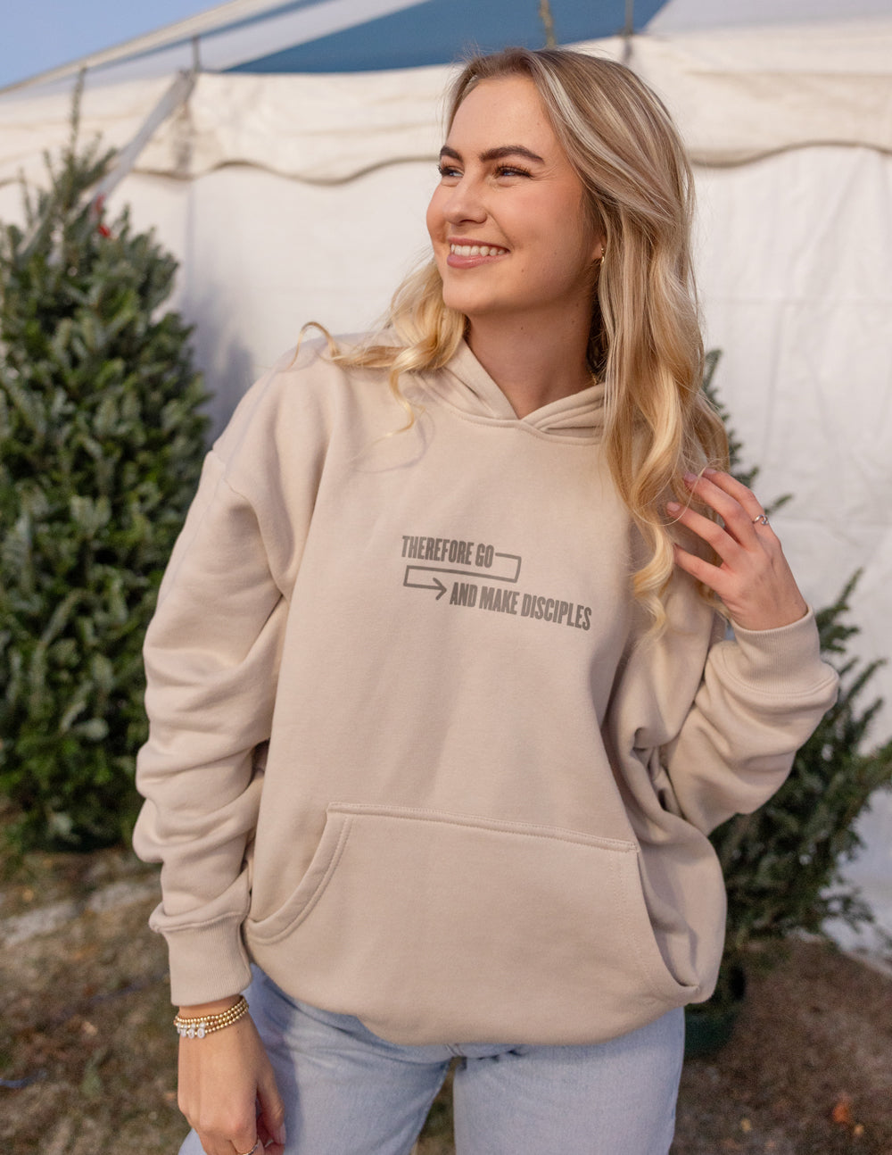Elevated Faith Christian Hoodie in Beige with 'Therefore Go and Make Disciples' Print