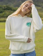 Elevated Faith Christian Hoodie in cream color with green logo on the chest, perfect for casual outings