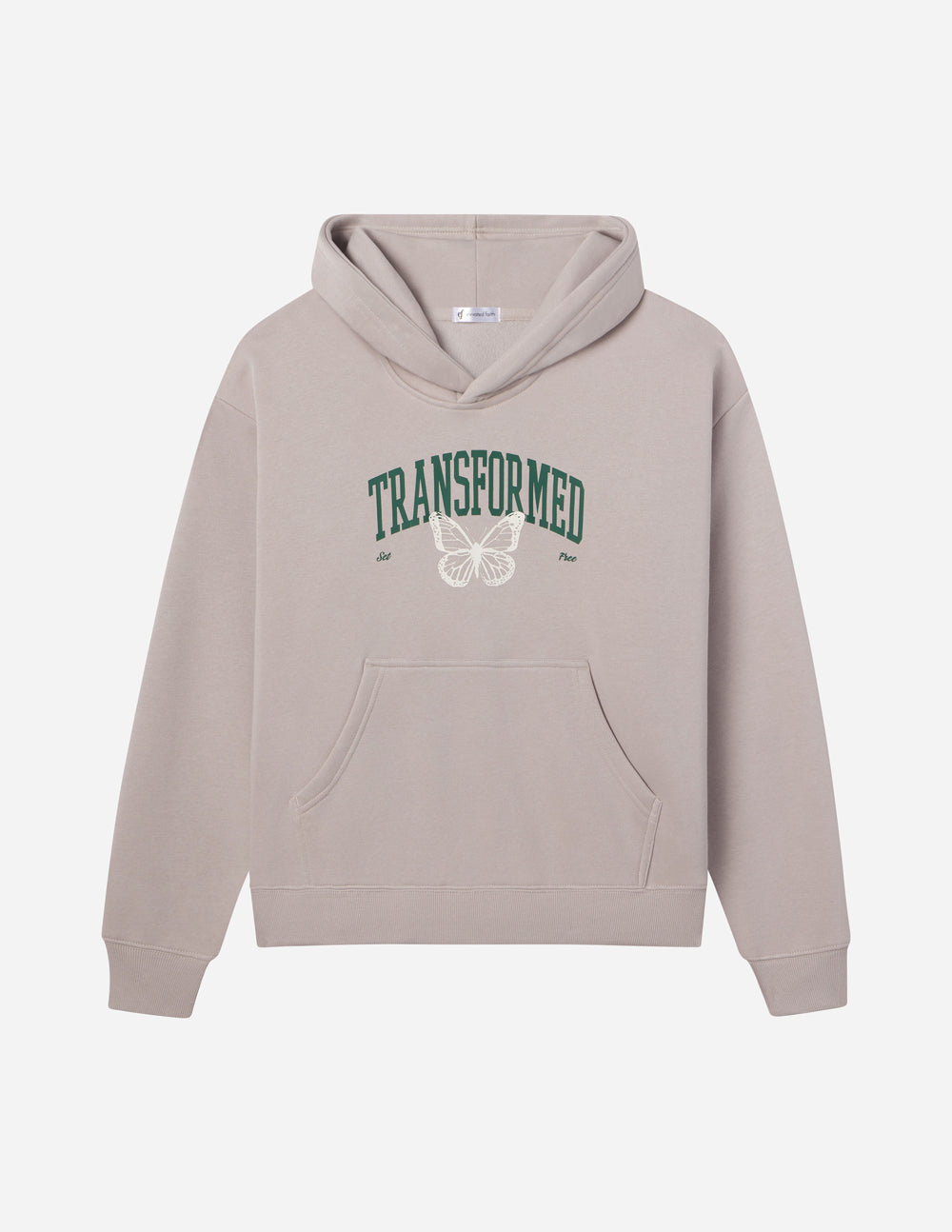 Elevated Faith Christian Hoodie in beige featuring 'TRANSFORMED' graphic and front pocket
