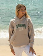 Elevated Faith Christian Hoodie in beige with 'Transformed' graphic and butterfly design for casual wear