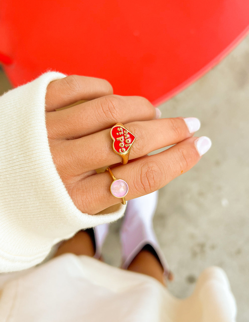 Heart-shaped Elevated Faith ring with 'God is Love' design, part of Christian Jewelry collection