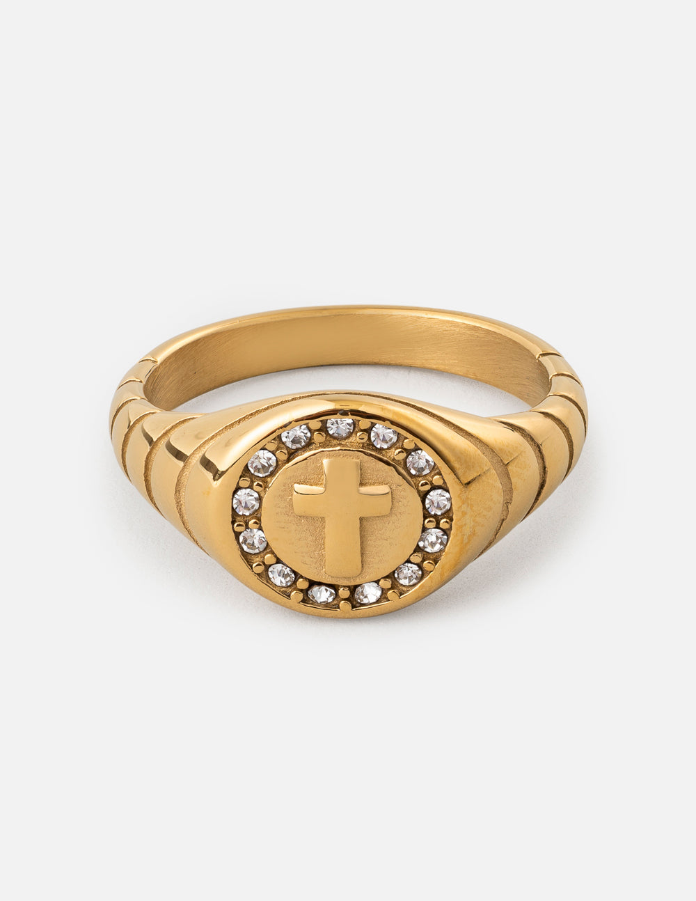 Gold Elevated Faith Ring with Cross Design and Sparkling Accents for Christian Jewelry