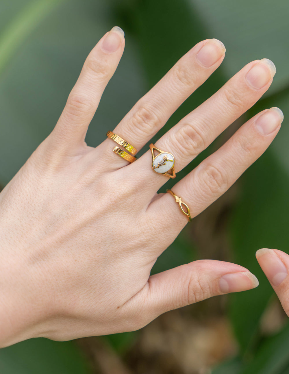 Elegant Elevated Faith Ring Set featuring stylish gold Christian Jewelry on a hand