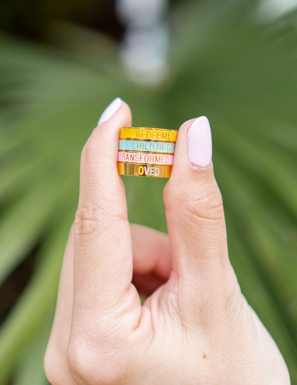 Elevated Faith Christian Jewelry Inspirational Ring Set with Redeemed, Loved, and Transformed Messages