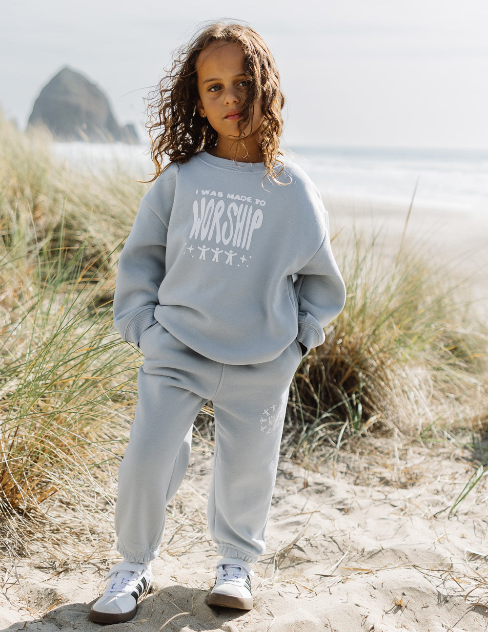 Elevated Faith Kids Sweatpant in Light Blue with I Was Made to Worship Design for Christian Kids Apparel