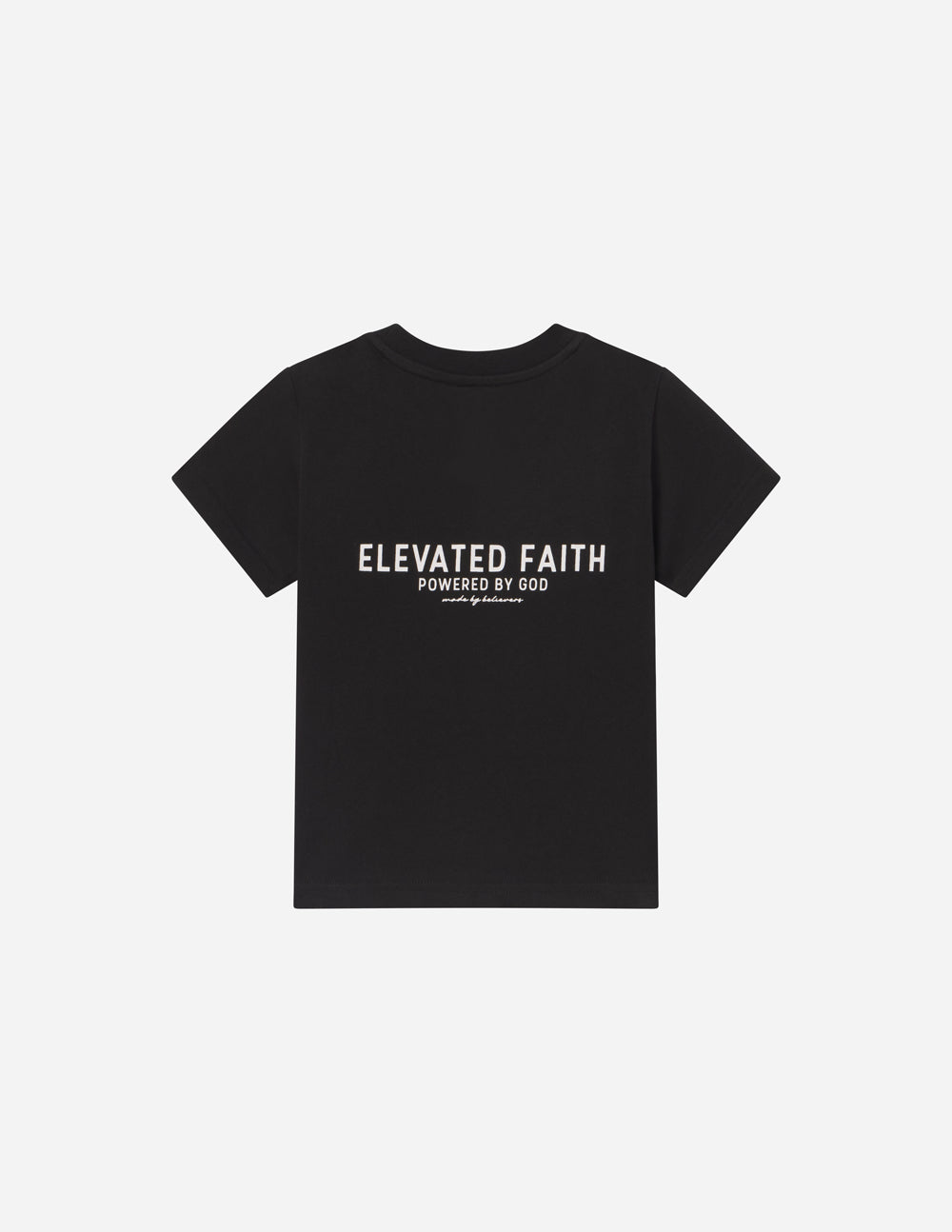 Black Elevated Faith Kids T-Shirt featuring 'Powered by God' text, ideal Christian Kids Apparel