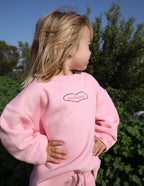 Pink Elevated Faith Kids Crewneck Sweatshirt featuring 'Love Yourself' design in Christian Kids Apparel style