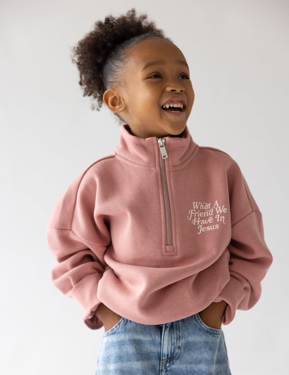 Pink Kids Jacket from Elevated Faith with 'What Friend We Have In Jesus' design for Christian Kids Apparel