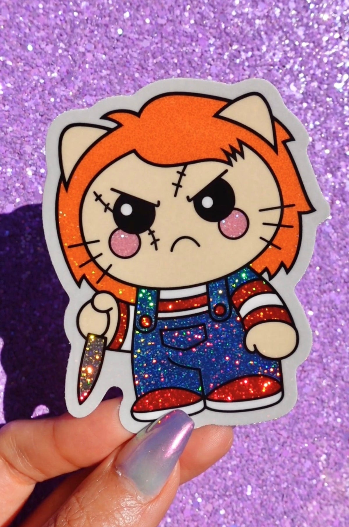 Funny Glitter vinyl chibi doll sticker with orange hair, overalls, and big pink eyes