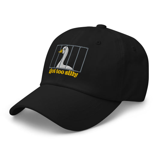 Black embroidered dad hat with bird-cage logo and yellow 'got too silly' text