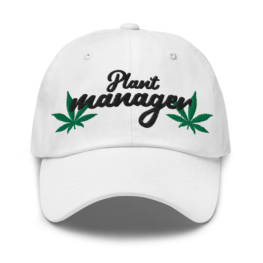 White dad hat with Plant Manager embroidery, green leaf accents