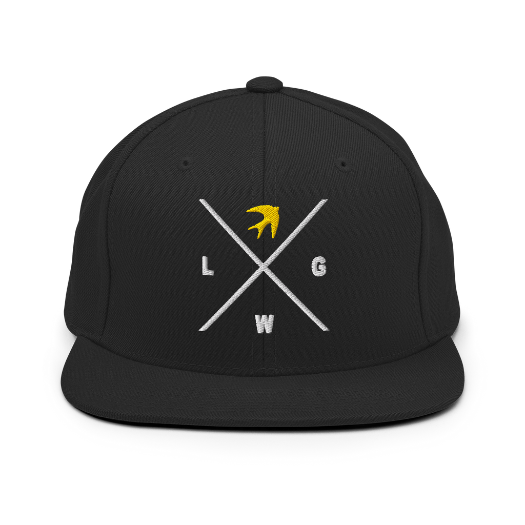 Black snapback hat with white and yellow logo design representing faith for Christian Jewelry enthusiasts