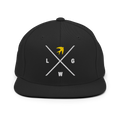 Black snapback hat with white and yellow logo design representing faith for Christian Jewelry enthusiasts