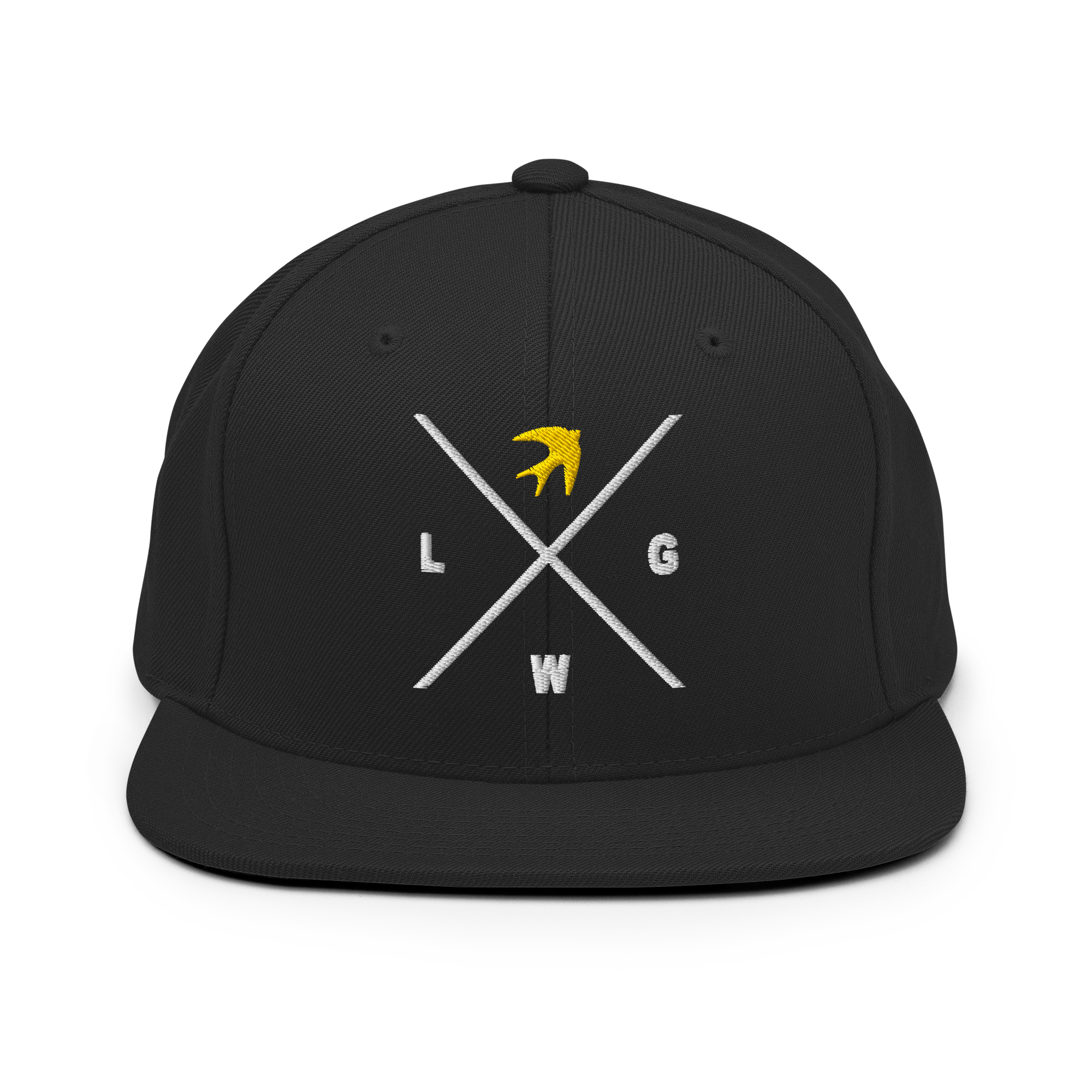 Black snapback hat with white and yellow logo design representing faith for Christian Jewelry enthusiasts