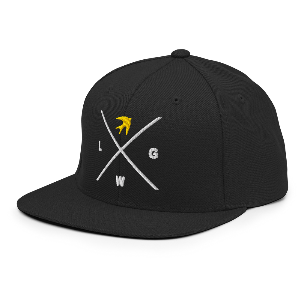 Black snapback hat with yellow and white graphic design, perfect for stylish Christian Jewelry enthusiasts