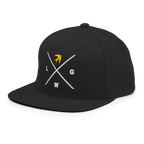 Black snapback hat with yellow and white graphic design, perfect for stylish Christian Jewelry enthusiasts