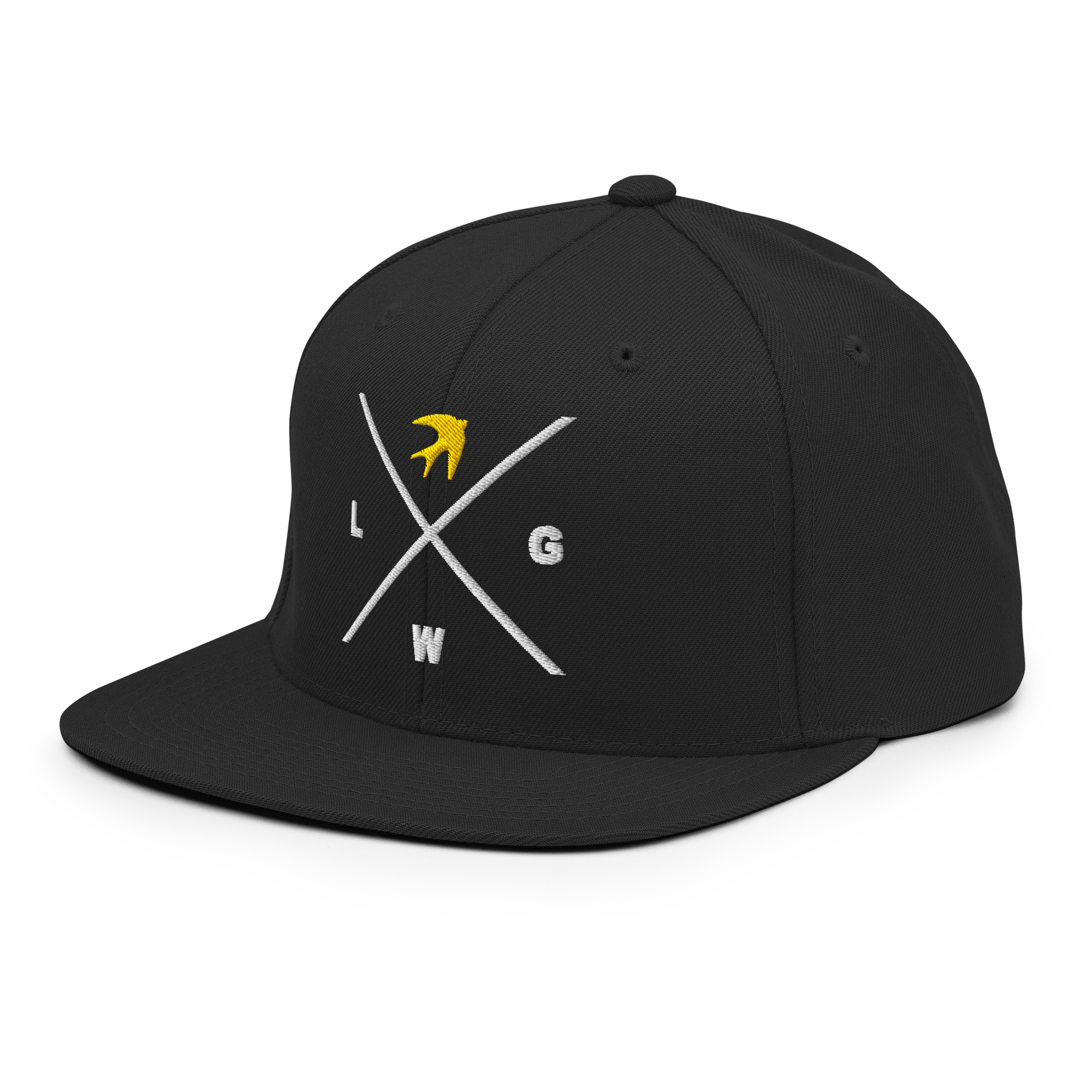 Black snapback hat with yellow and white graphic design, perfect for stylish Christian Jewelry enthusiasts
