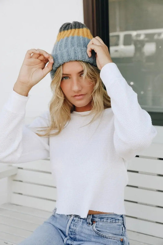 Color Block Knit Beanie knit winter hat in Blue Mustard