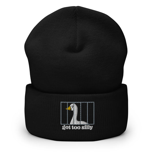 Black embroidered cuff beanie with “got too silly” graphic on the folded brim