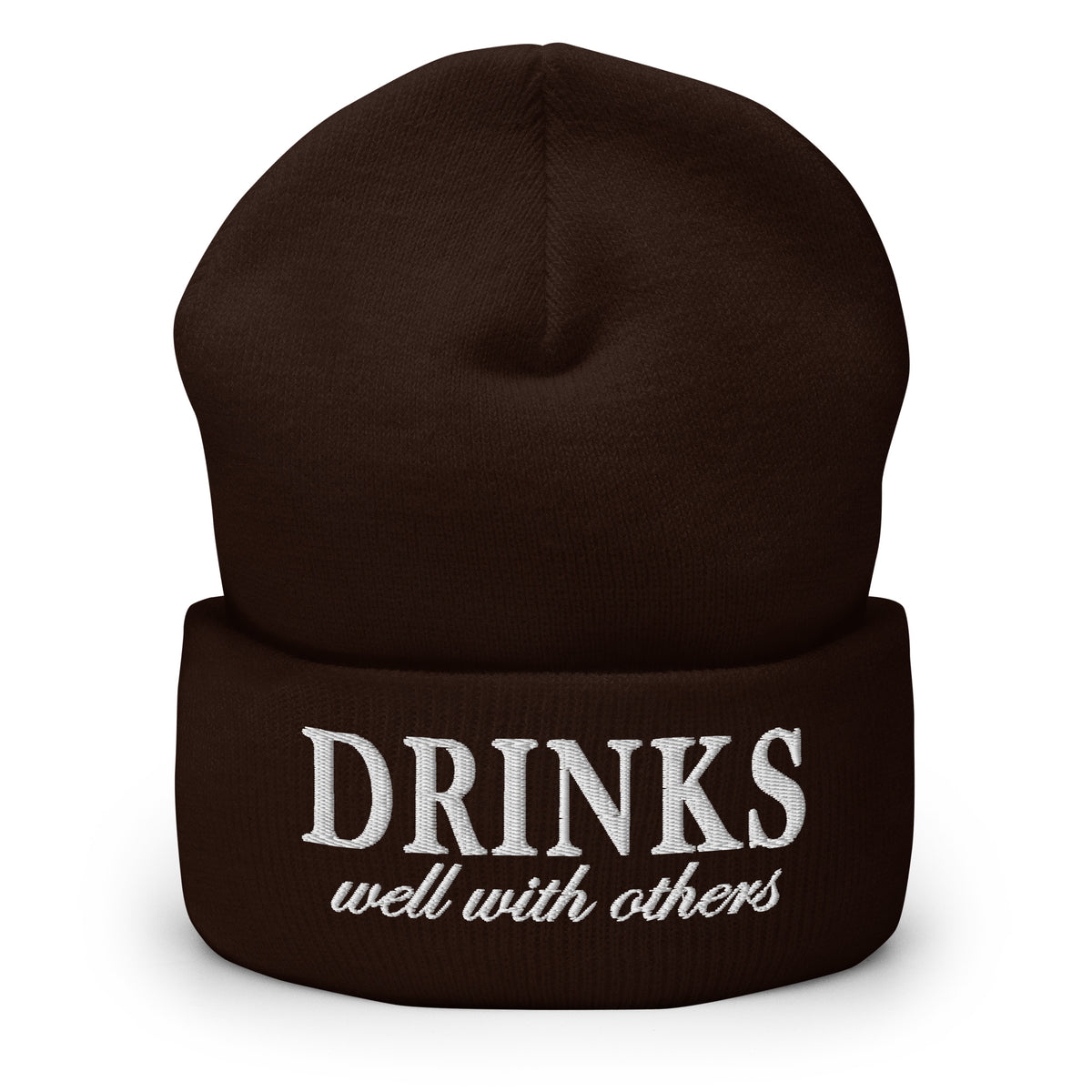 Brown knit cuffed beanie with embroidered 'DRINKS' and 'well with others'