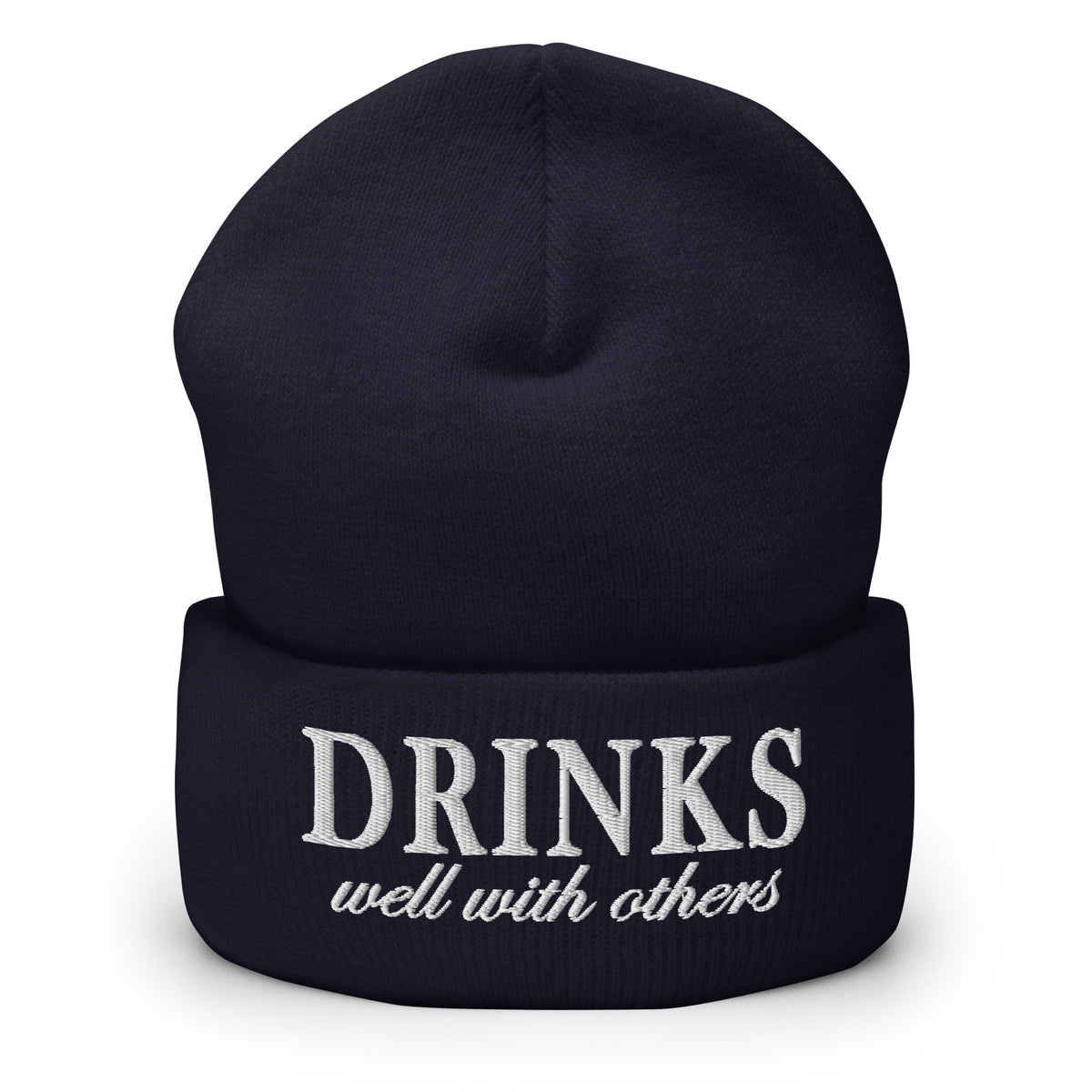 Navy knit cuffed beanie with embroidered 'DRINKS' and 'well with others'